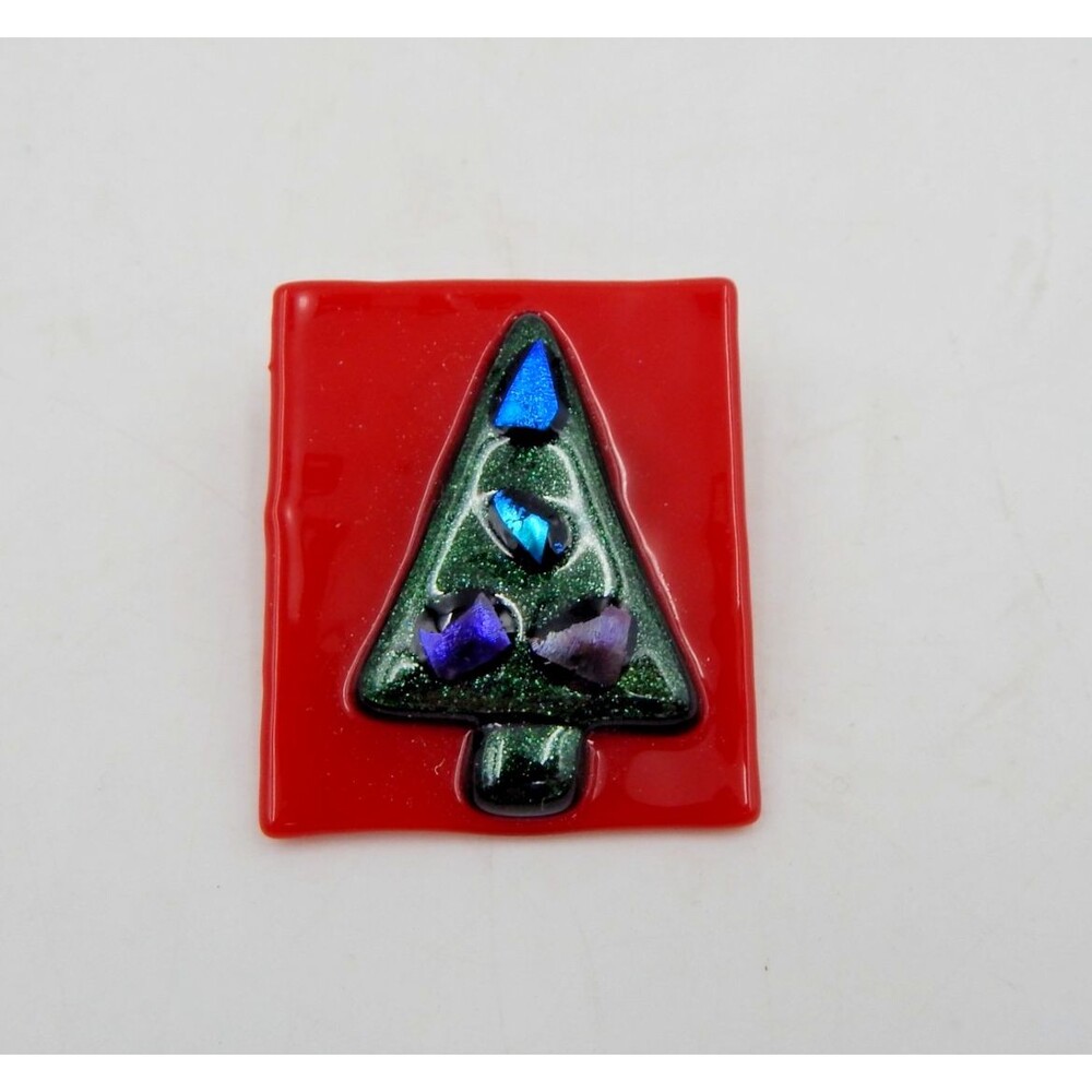 Fused Glass Christmas Tree Brooch Pin Holiday Jewelry Glitter Iridescent